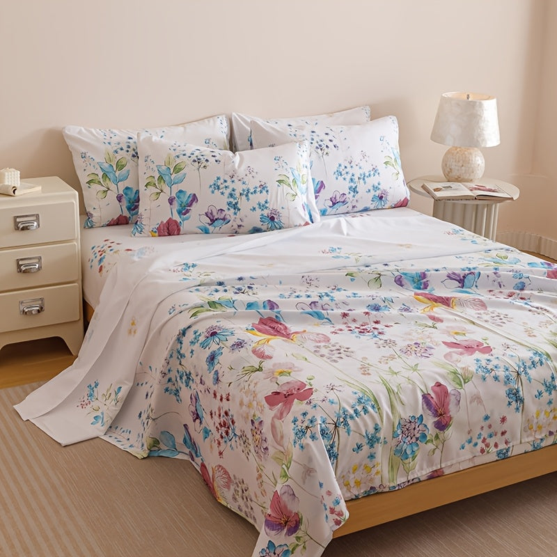 Floral Bedding Set 4-Piece ¨C 1 Fitted Sheet + 1 Flat Sheet + 2 Pillowcases | Soft Breathable Polyester | All-Season Flower Print Bed Sheet Set | Machine Washable | Twin Full Queen King