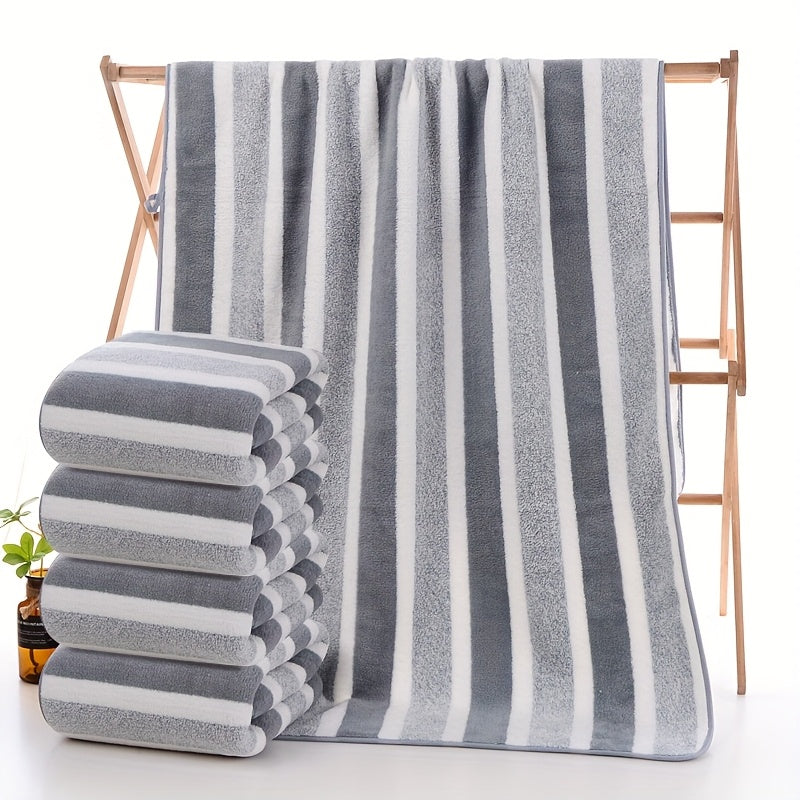 Striped Bath Towel Set 1 or 4 Pack 346GSM - 100% Polyester Super Soft Skin Friendly Absorbent Quick Dry | 70x140cm 27.6x55.1in | Green Gray Red Multi-Color | Home Bathroom Beach Essentials
