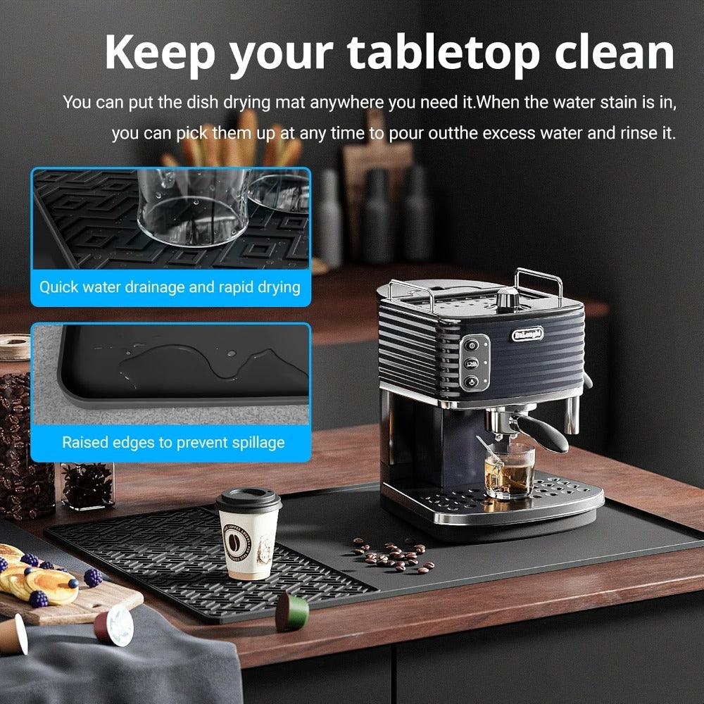 Silicone Coffee Mat with Side Pad 2-in-1, Heat-Resistant Espresso Machine Mat for Kitchen Countertop, Non-Slip Drying Mat for Coffee Bar Accessories, Easy to Clean 23.6x15.7in