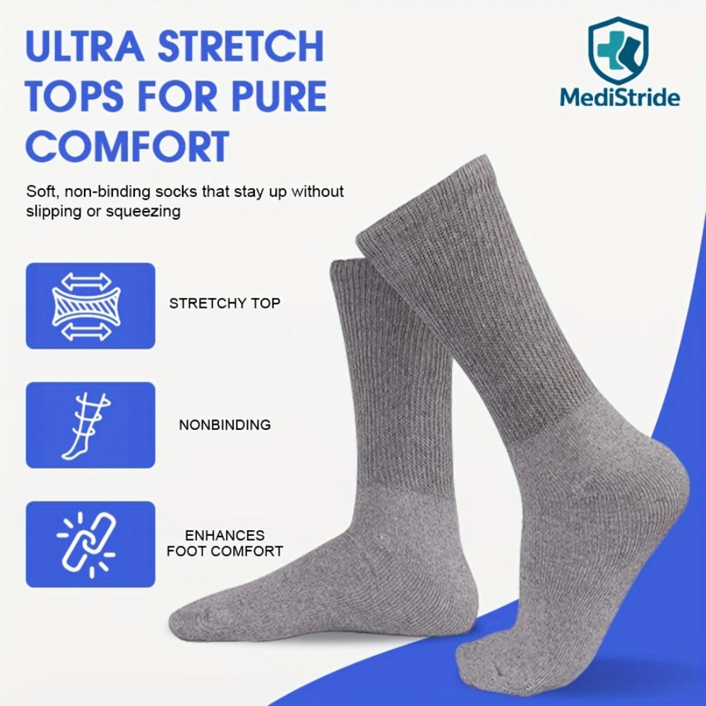 Cotton Diabetic Crew Socks 12 Pairs Non-Binding Neuropathy Loose Fit Seamless Cushioned Full Length for Men Women Edema Sensitive Feet White Black Brown Khaki Navy Grey