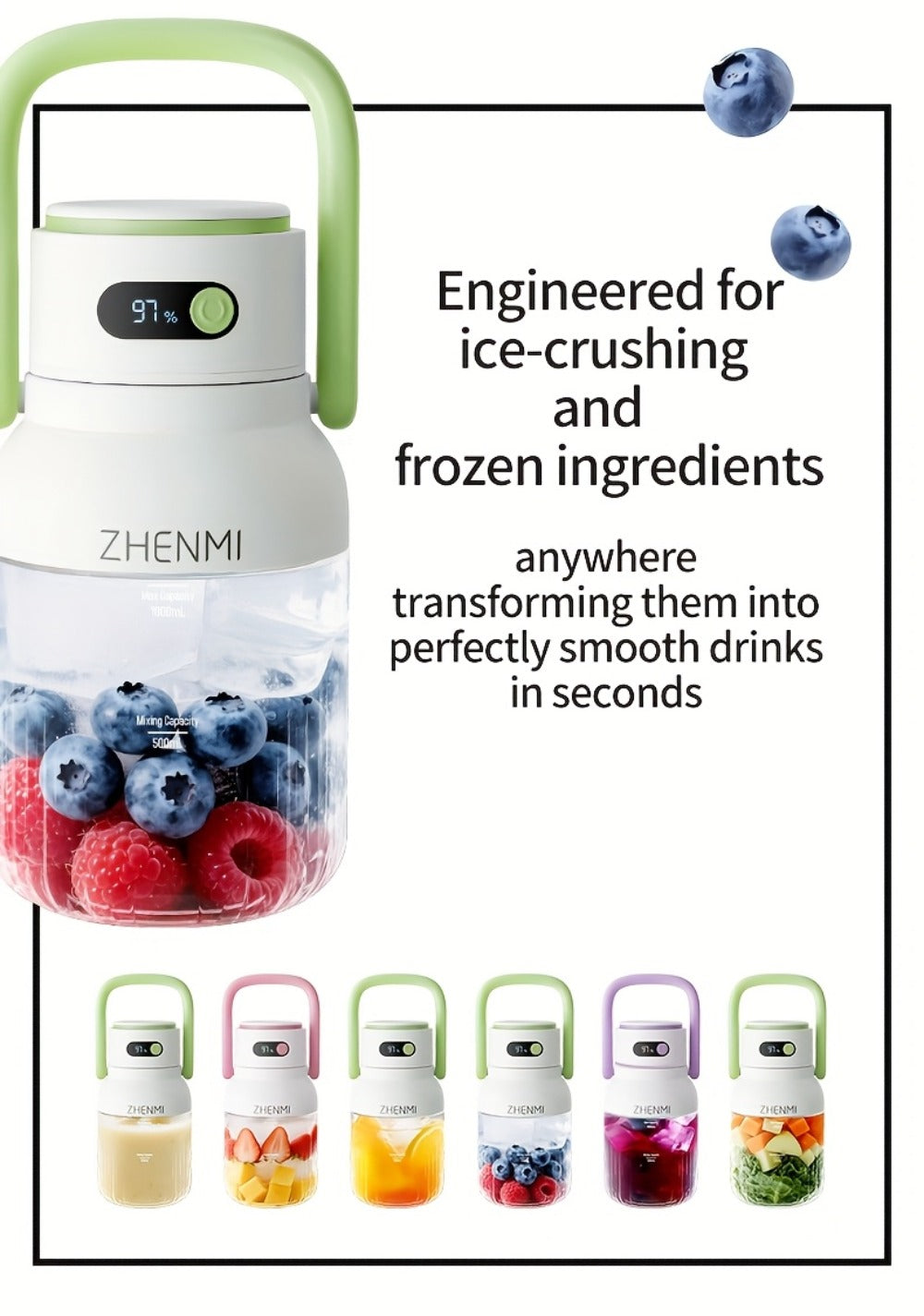 Cordless Portable Blender 33oz USB Rechargeable - Ice Crushing Blender for Smoothies & Shakes, Wireless Personal Blender for Travel Gym Office, BPA-Free, Green Purple Pink