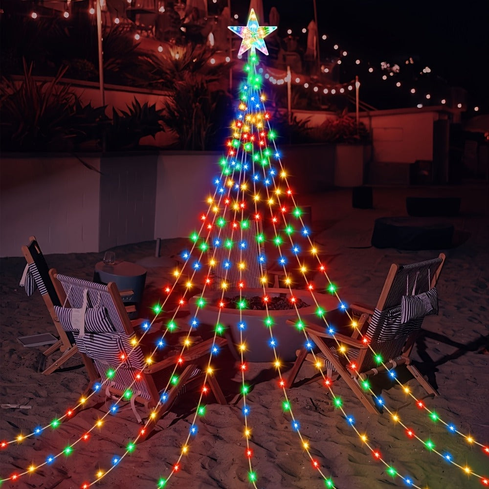 Christmas Tree Waterfall Fairy Lights 200 LED with Star Top Decoration, 8 Lighting Modes ¡ª Battery, Solar & USB Powered Indoor Outdoor Colorful Cascading Holiday Light Strip