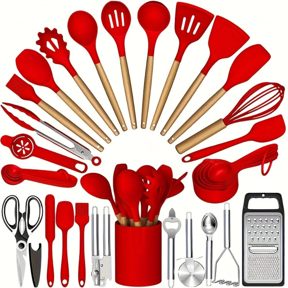 Silicone Cooking Utensils Set 35-Piece with Holder Rack Wooden Handle Heat Resistant Kitchen Tools for Non-Stick Pans ¨C Complete Kitchen Utensil Set in Multiple Colors