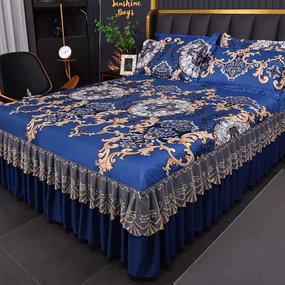 Floral Ruffle Bed Skirt Cool Mat 3 Piece Set with Pillowcase, Double Layer 360¡ã Full Wrap Washable Cooling Mattress Cover, Breathable Summer Bedding Set for Twin Full Queen King, Parisian Romantic Floral