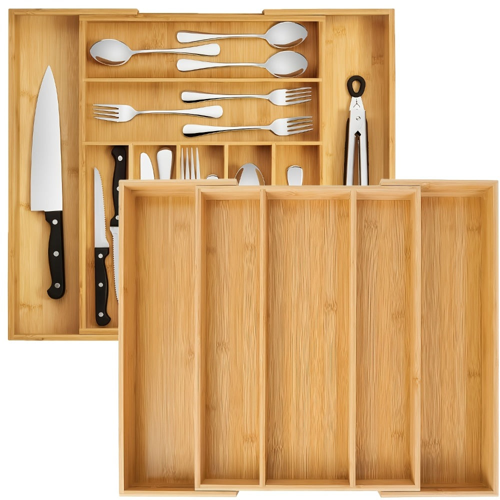 Bamboo Drawer Organizer Expandable Utensil Tray | Adjustable Silverware Organizer for Kitchen Drawers | 5 or 9 Compartments Cutlery Divider for Fork Spoon Knife Kitchen Tools