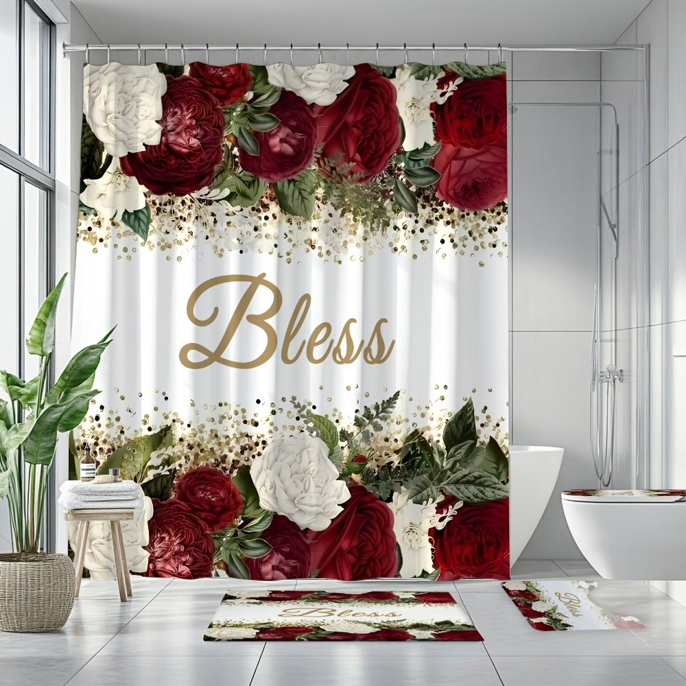 Rose Print Shower Curtain 4-Piece Bathroom Set ¨C Toilet Lid Cover Mat Machine Washable with 12 Hooks Elegant Floral Decor