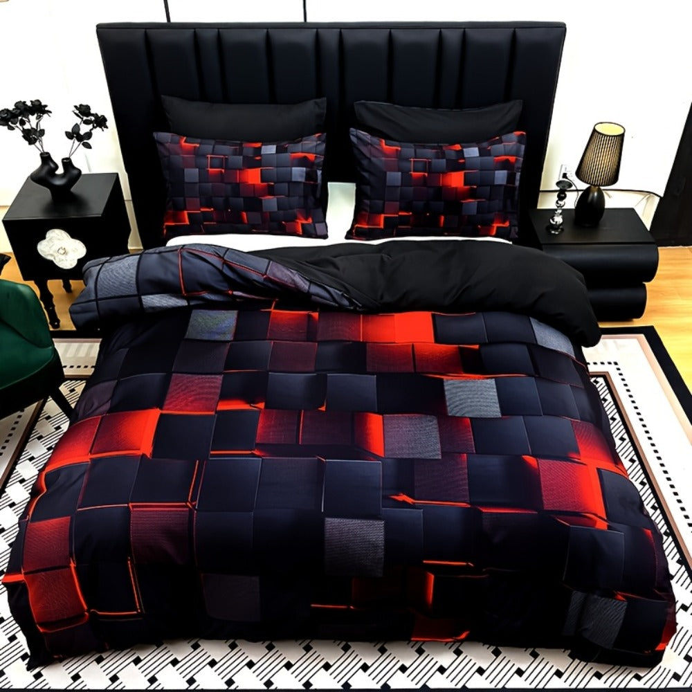 Duvet Cover Set 3 Piece Plaid Digital Print Polyester Bedding All Season Twin Full Queen King Size with Pillowcases Purple Blue Red