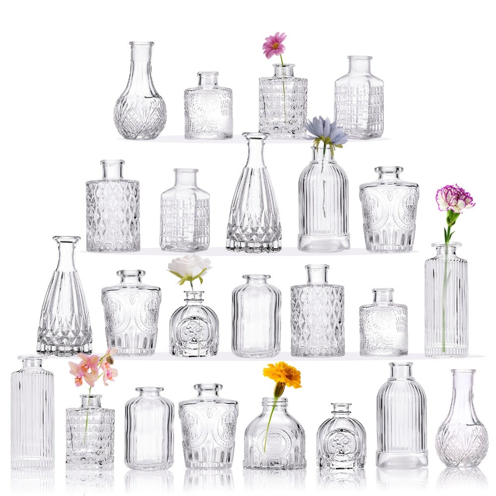 Mini Clear Bud Vases Bulk Set 12/30/43/52pcs ¨C Small Glass-Look Flower Vases for Wedding Centerpieces, Birthday Party, Anniversary, Home Table Decor, Multiple Sizes