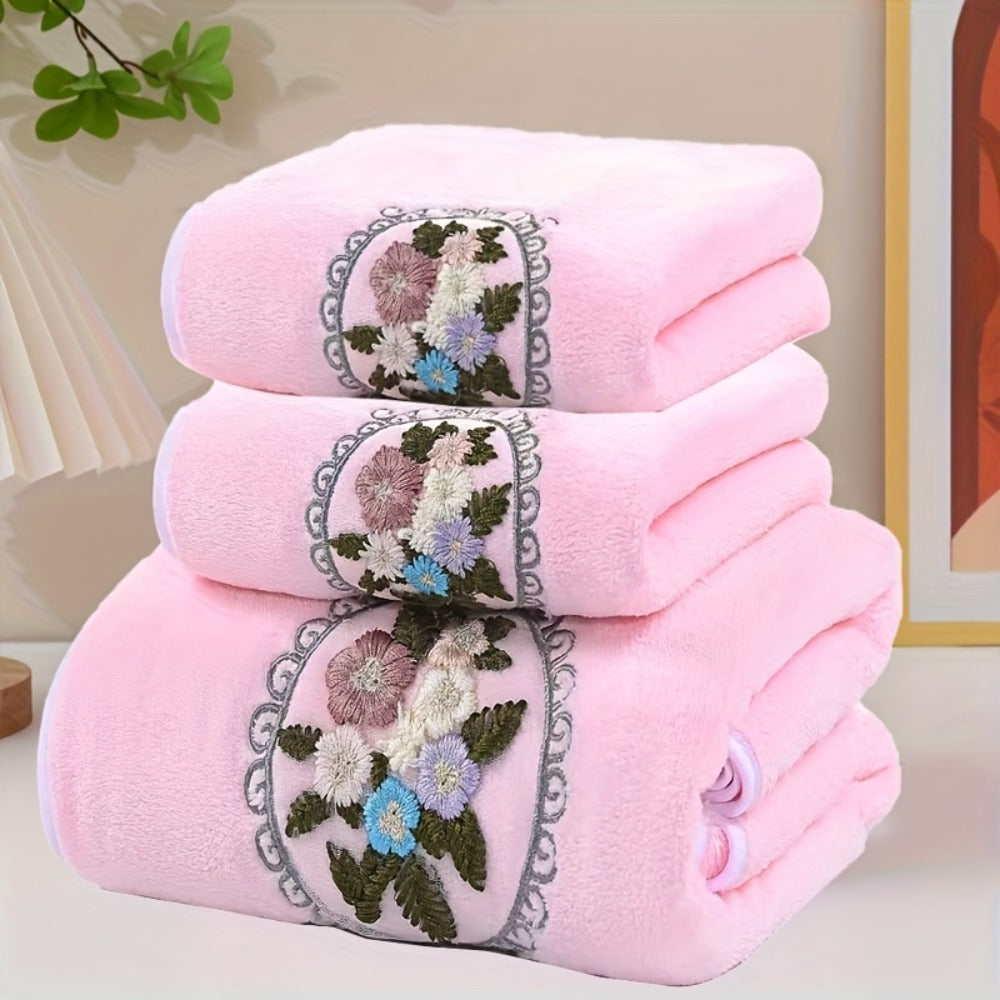 Embroidered Flower Towel Set 3-Piece Soft Absorbent Skin-Friendly Bath Towel and Face Towels for Bathroom Home Bathing Beach