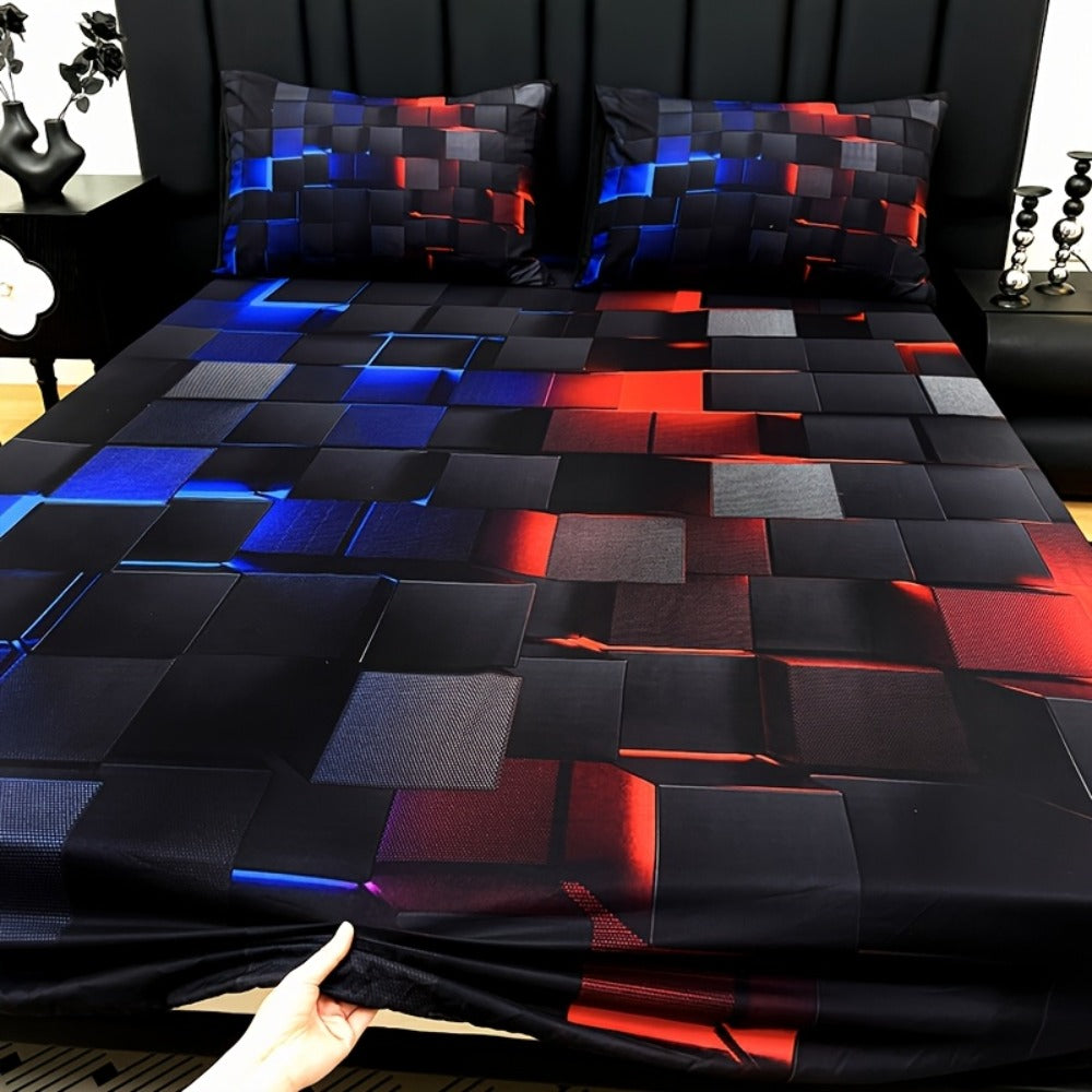 Fitted Sheet Set 3 Piece Digital Print Plaid - Deep Pocket 15 Inch Bed Sheet with 2 Pillowcases, 85% Polyester Soft Breathable Bedding Set for Twin Full Queen King, All Season Mattress Cover