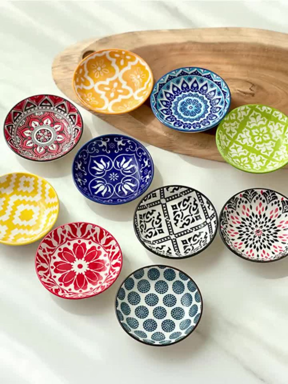 Ceramic Condiment Dish Set of 10 ¨C Bohemian Small Saucer Dipping Bowls for Soy Sauce, Vinegar & Spices | Kitchen, Restaurant, Party, BBQ & Picnic Use | Machine Washable