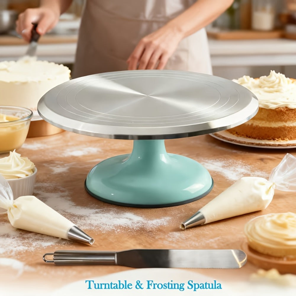 Cake Turntable Stand 10 Inch Aluminum 360 Degree Smooth Rotation with Frosting Spatula - Heavy Duty Rotating Cake Decorating Stand for Baking Birthday Wedding Holiday Desserts, Non-Slip Base Baking Supplies