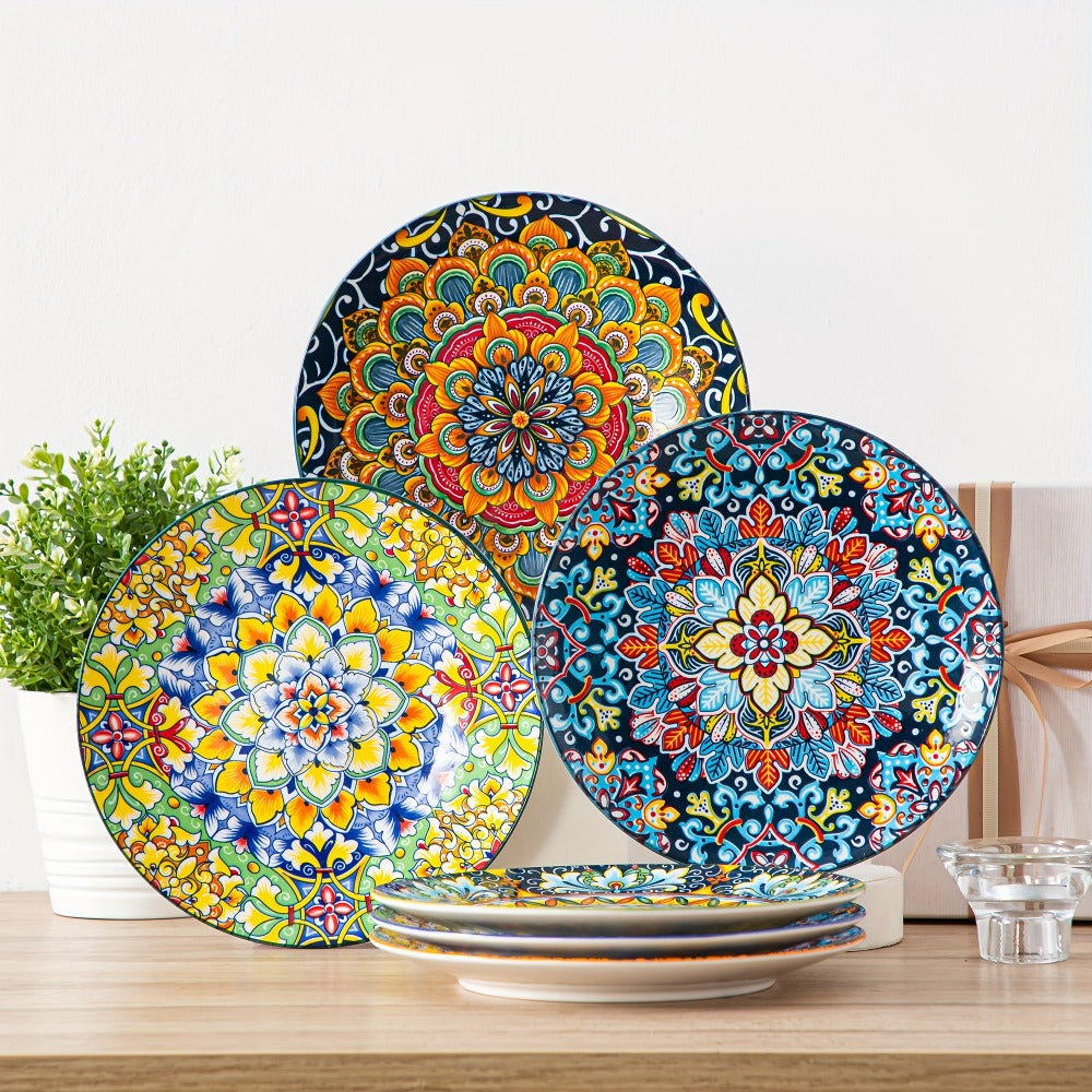 Bohemian Ceramic Dessert Plate Set of 6 - 8.5 Inch Colorful Abstract Pattern Dinnerware, Lead-Free Glazed Porcelain Plates, Dishwasher & Microwave Safe, Boho Home Decor Gift for Kitchen Dining Table