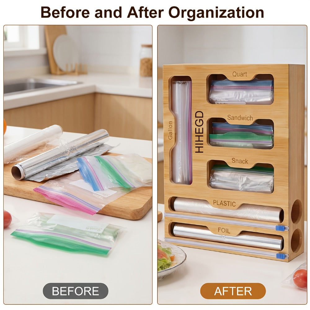 Bamboo Wrap Dispenser 6-in-1 Kitchen Organizer ¨C Built-In Cutter, 6-Grid Storage Box for Plastic Wrap, Aluminum Foil & Bags, Space-Saving Drawer Organizer for Pantry & Kitchen Counter
