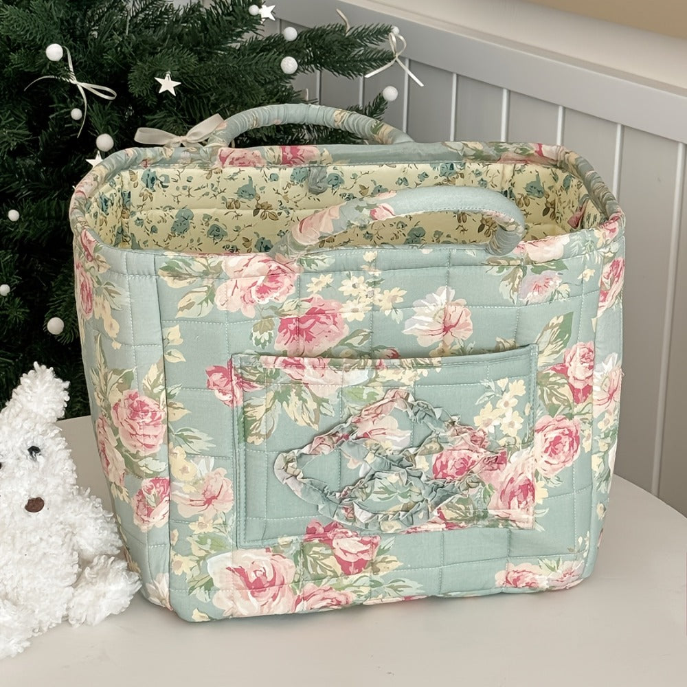 Floral Storage Basket Large Capacity Quilted Vintage Flower Pattern Portable Home Organizer Basket for Shelf Bedroom Closet Living Room Pink Peony Red Marigold Boho Decor