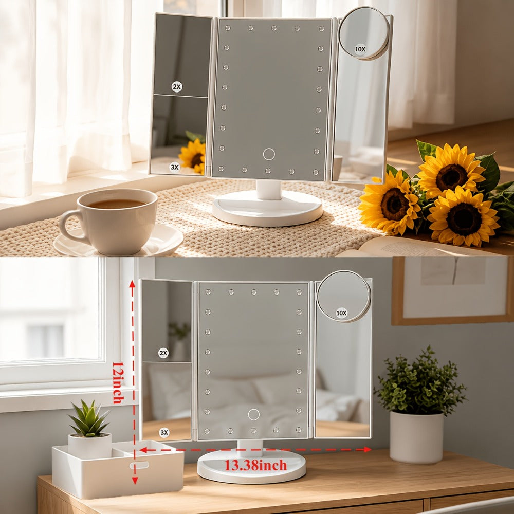LED Tri-Fold Makeup Mirror with Touch Screen ¨C 1X/2X/3X/10X Magnifying Vanity Mirror, Flexible Adjustable Base, Lighted Travel Mirror for Makeup Desk, Bedroom & Bathroom | Gift for Women
