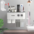 Wall Mounted Toothbrush Holder with Automatic Toothpaste Dispenser - 3 Cups Bathroom Organizer, Space-Saving Toothbrush Cup Holder for Family, Black & Gray