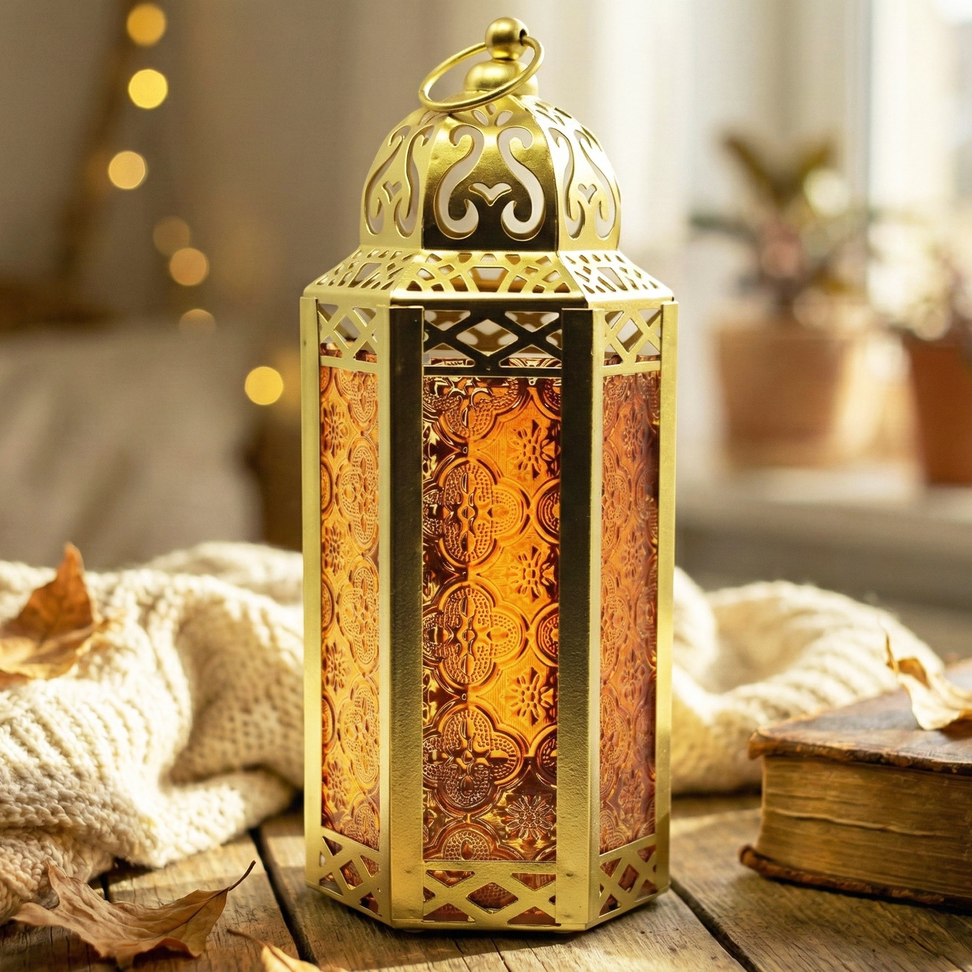 Moroccan Candle Lantern Holder - Decorative Metal & Glass Lantern with Embossed Floral Design for Indoor Home Decor, Garden, Patio, Weddings, Ramadan, Halloween & Holiday Celebrations - 10.5¡± Tall Medium Size