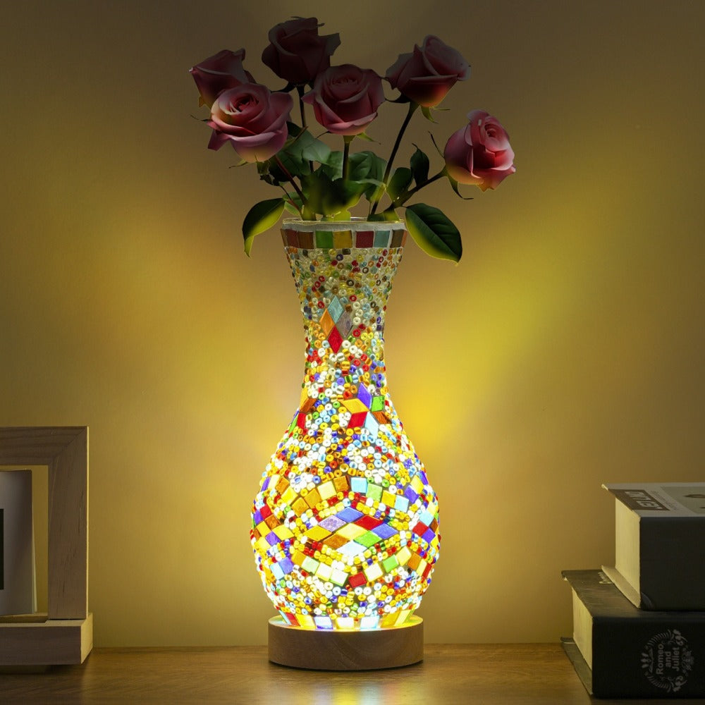 Mosaic Vase Lamp Turkish Moroccan Handmade Colorful Glass Table Lamp with Wooden Base ¨C USB Plug-In Boho Night Light, Flower Vase Lamp for Bedroom Living Room Decor, Bohemian Mosaic Desk Lamp Gift