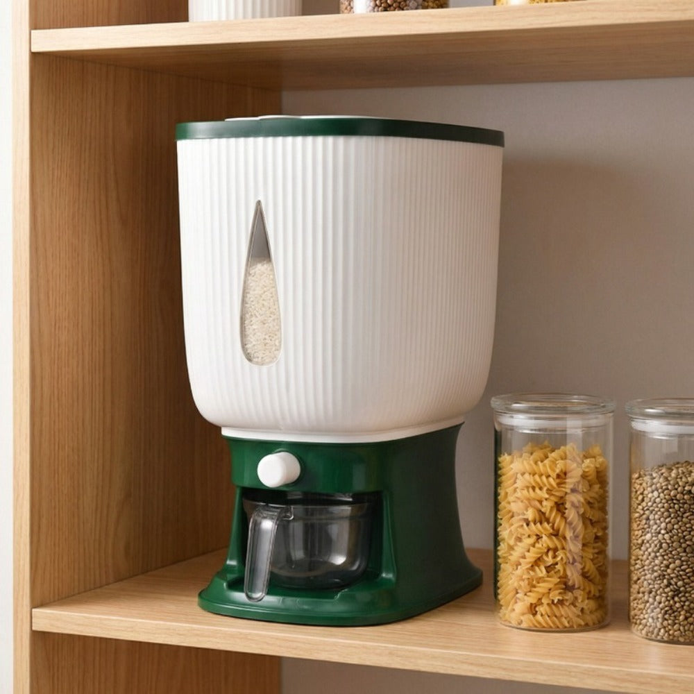 Rice Dispenser with Measuring Cup, 22LB Large Capacity 6-Chamber Sealed Grain Storage Container, Transparent Window, Moisture & Insect Resistant, One-Click Design for Rice Beans Flour Pet Food ¨C Kitchen Cabinet Organizer