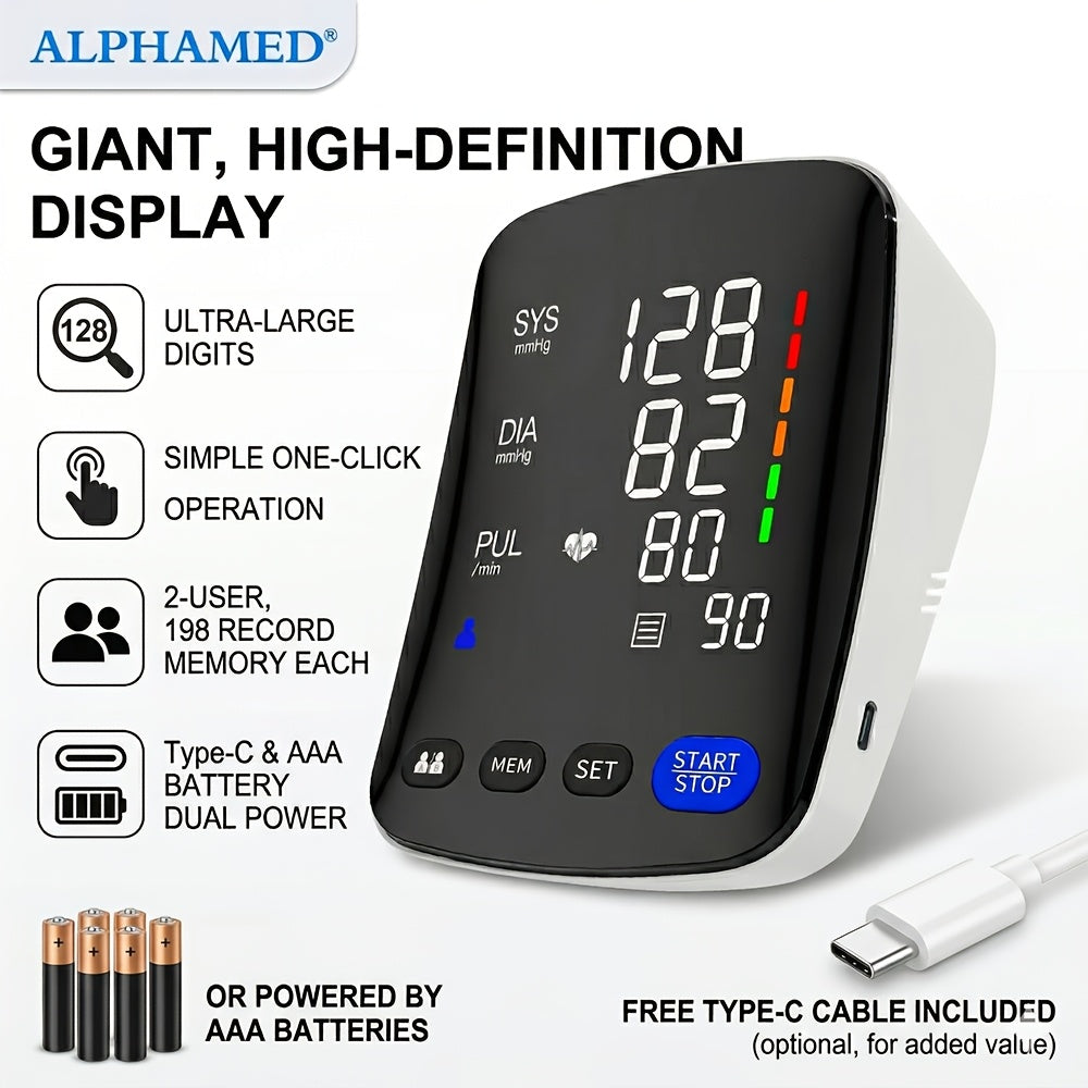 Upper Arm Blood Pressure Monitor ¨C Automatic Digital BP Machine, Large LED Display, 2-User 198 Memory, Adjustable Cuff 8.7-17in, One-Touch, Type-C, Home Use