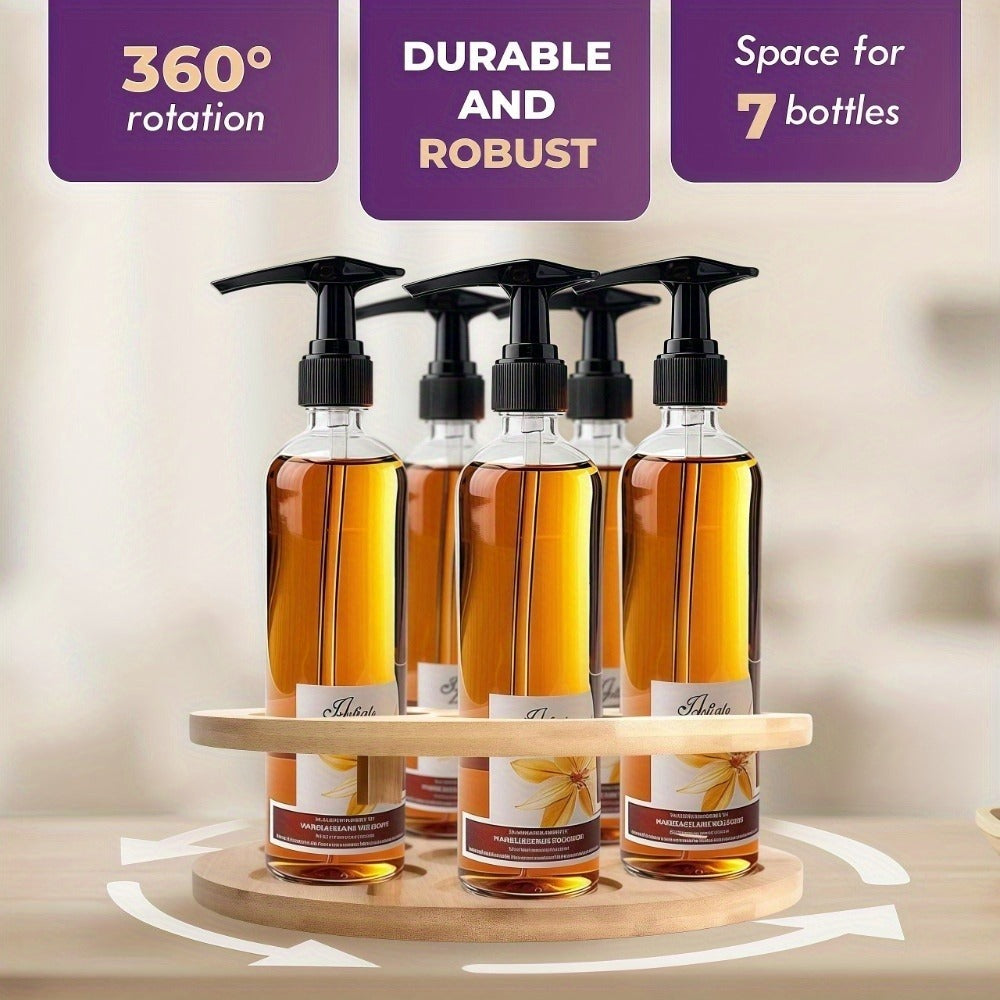 360 Rotating Bamboo Coffee Syrup Organizer 7-Bottle Holder Rack ¨C Countertop Spice Condiment Storage Stand for Kitchen Bar Home Office Desktop Easy Assembly Scratch-Proof Base