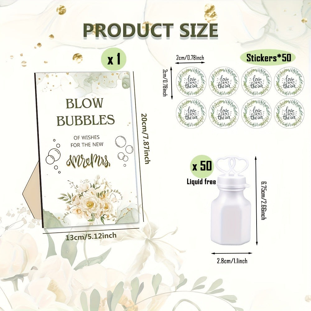 Wedding Bubble Bottle Party Favor Set 50 Mini Bottles with Wooden Sign & Stickers ¨C Liquid-Free for Weddings Birthdays Showers