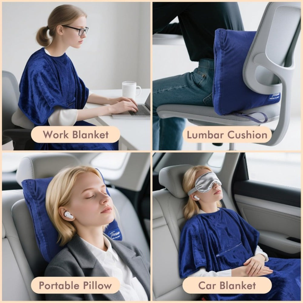 4-in-1 Travel Blanket Airplane - Soft Fleece Poncho Pillow Lumbar Support with Built-in Zipper Bag, Lightweight Packable 40x60in Blanket for Plane Car Office, Holiday Gift