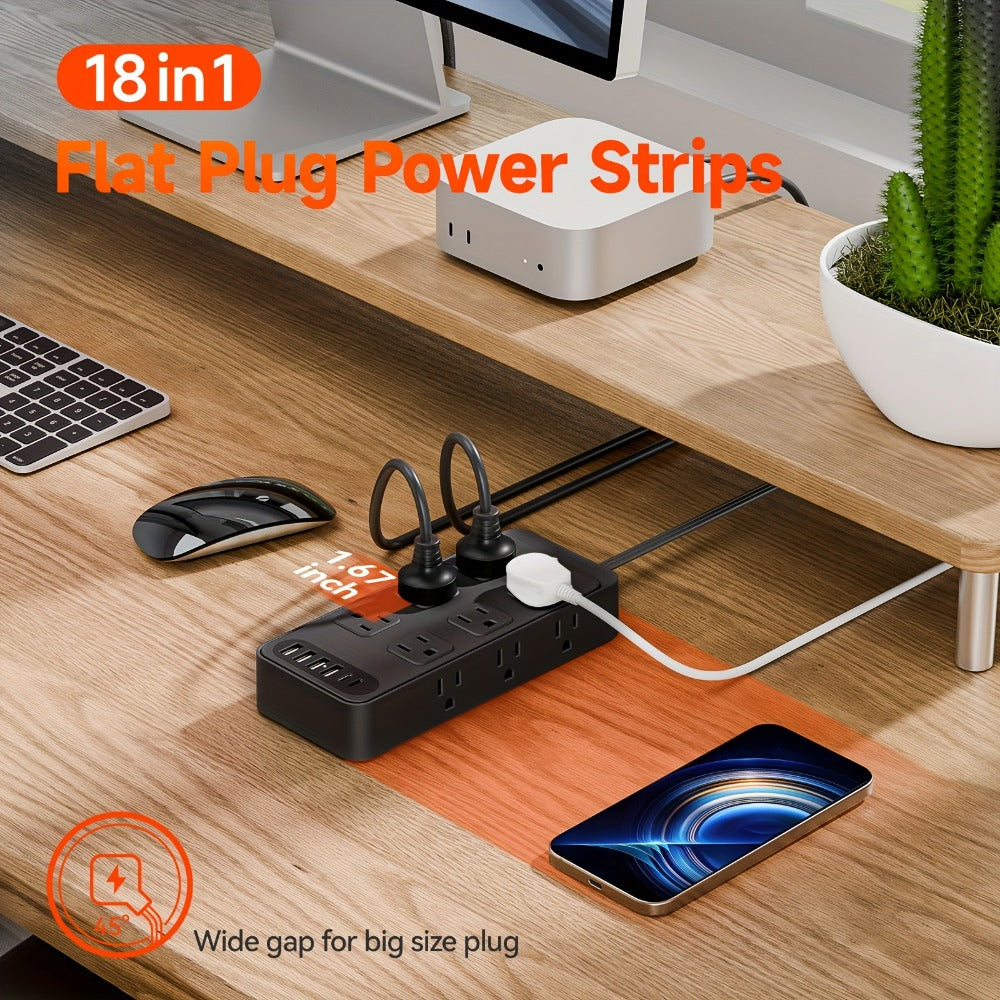 USB Extension Cord Power Strip 18-in-1 with 12 AC Outlets 6 USB Ports Surge Protector Overload Protection Switch 5FT 10FT for Home Kitchen Office Travel Accessories Black White
