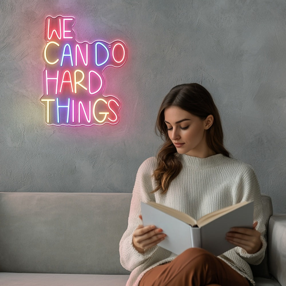 Neon Sign We Can Do Hard Things ¨C Dimmable LED Wall Art, USB Powered, Vibrant Colors, Inspirational Bedroom Decor for Classroom Birthday Party Aesthetic Backdrop, 13.3x10.6 In
