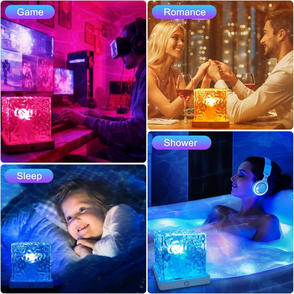 RGB Night Light Rechargeable 16-Color Ocean Wave Projection Lamp - Rotating Flame Water Ripple Remote Dimming for Bedroom Bar Restaurant Display Cabinet Decor