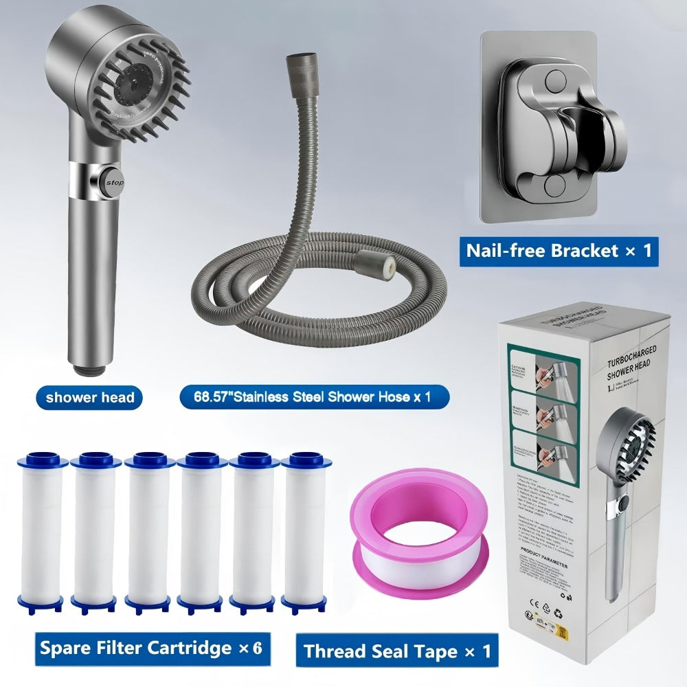 High Pressure Shower Head Set 4-Piece ¨C Turbine Spray Wall Mounted, 3-Stage Adjustable Mode, 6 Water Filters & 68¡± Hose, Skin-Friendly Bathroom Shower Upgrade Kit