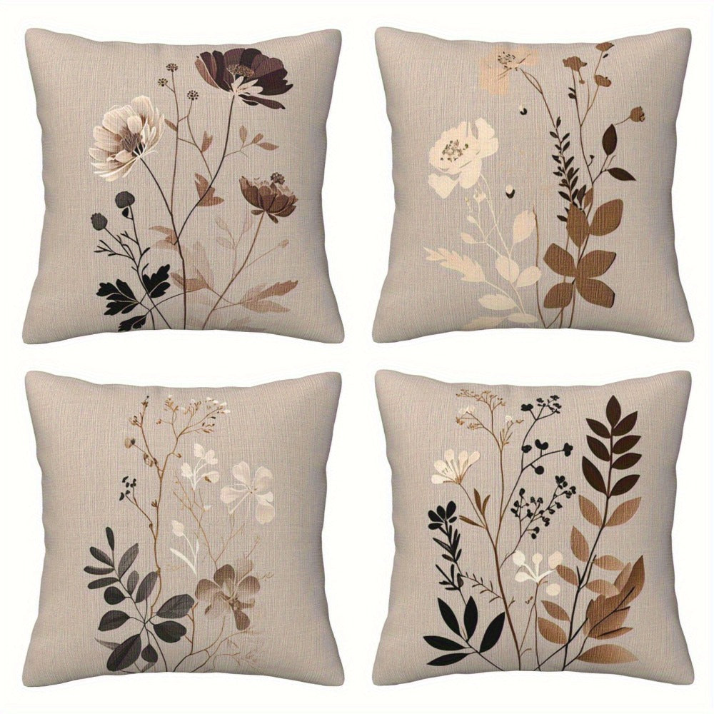 Throw Pillow Covers 18x18 Set of 4 - Floral Botanical Square Cushion Cases Beige Brown Gray | Zipper Closure Machine Washable Decorative Pillows for Living Room Bedroom Sofa Couch Contemporary Decor