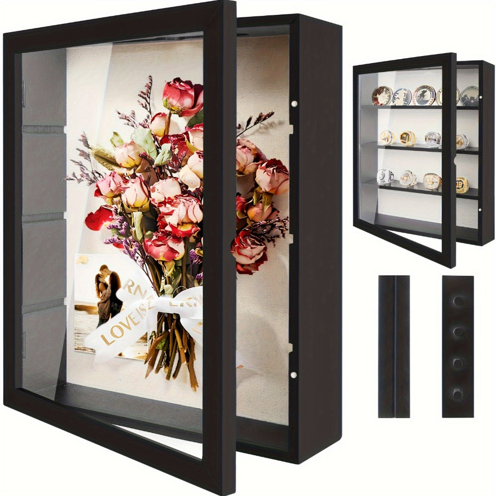 Shadow Box Frame 11x14 with 4 Removable Shelves - Large Deep Display Case for Medals Coins Pins Photos Flowers Keepsakes, Wall Hanging Memory Box for Collections, Black White Brown