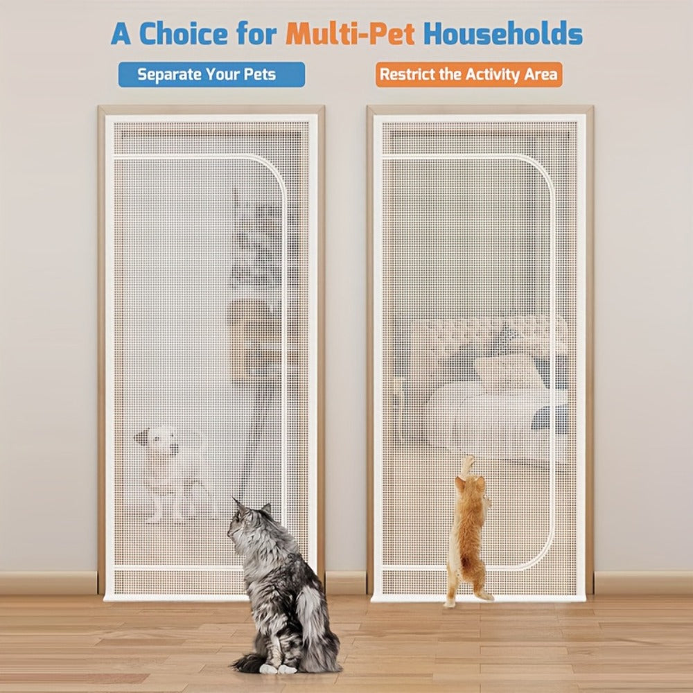 Cat Proof Door Curtain Pet Gate - Double Stitched Durable Scratch-Resistant Screen, Indoor Cat Barrier Door Cover for Doorways, Multiple Sizes, White & Black, Keep Cats In or Out of Rooms