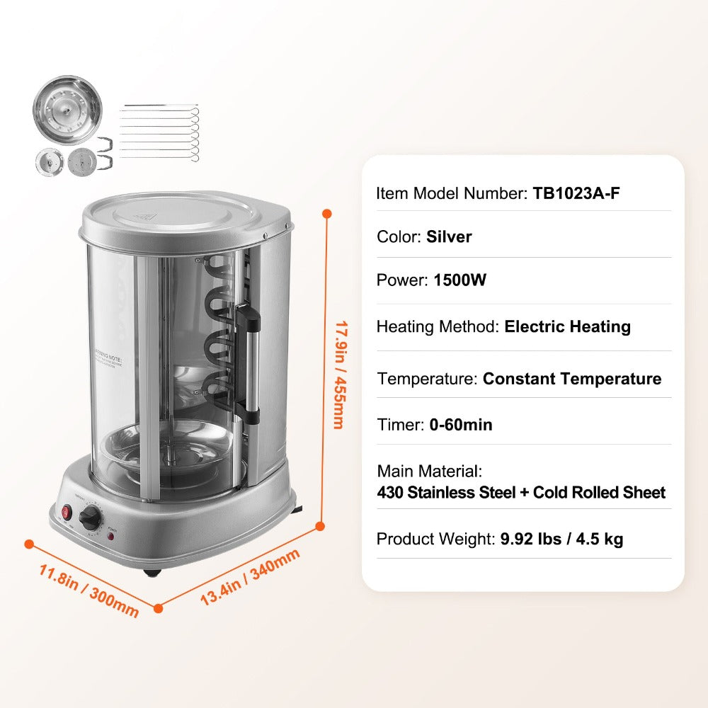 Electric Shawarma Grill Machine 20L Vertical Gyro Rotisserie Doner Kebab Maker Stainless Steel 360 Auto Rotation Timer 419¡ãF Max Temp Multifunctional for Home Family Gatherings
