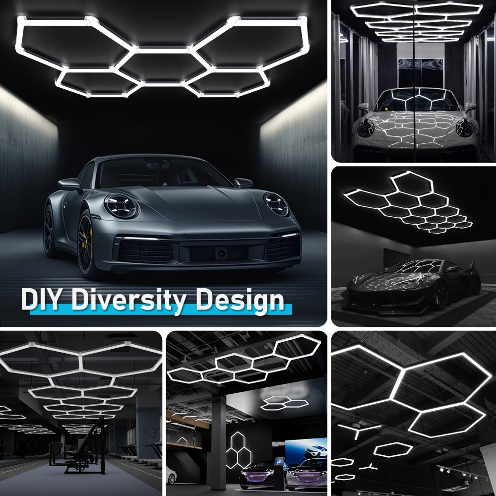 LED Hexagonal Garage Light 6500K ¨C Super Bright Daylight White Shop Light 42W¨C620W for Auto Detailing, Warehouse, Workshop, Basement & Gym (1 to 32 Grids, Hex Frame Available)