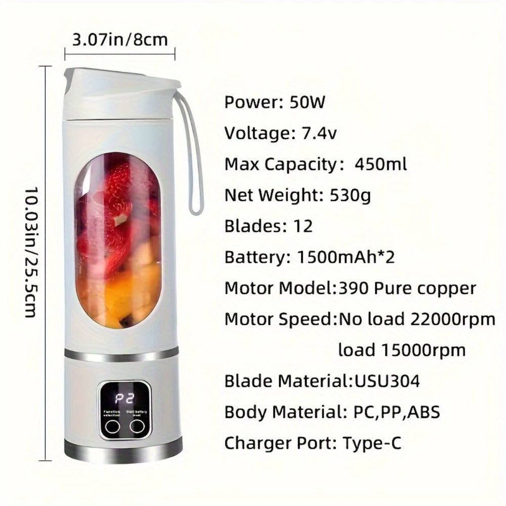 Portable USB Rechargeable Blender with LED Display ¨C 15oz Personal Smoothie Blender for Shakes, Milkshakes & Fresh Juice, Compact Mini Blender for Home Gym Office & Travel, BPA-Free Cup