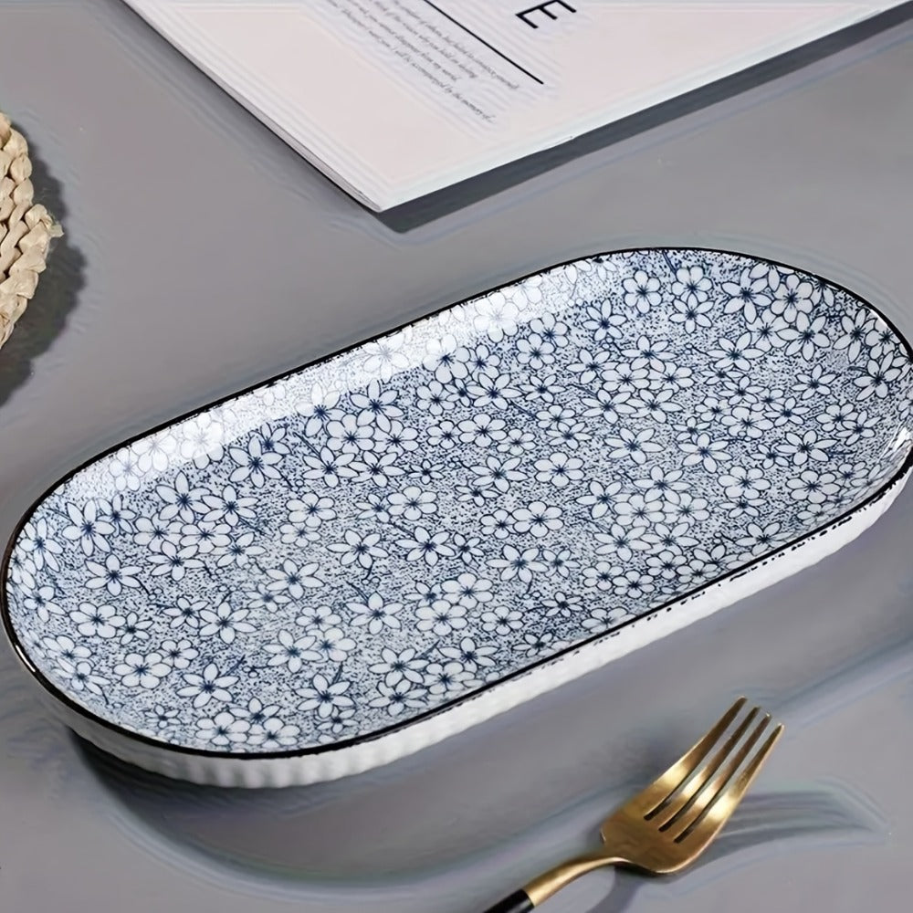 Japanese Blue White Porcelain Fish Plates Set of 4 ¨C 12 Inch Ceramic Serving Plates, Microwave & Oven Safe Steaming Baking Tableware