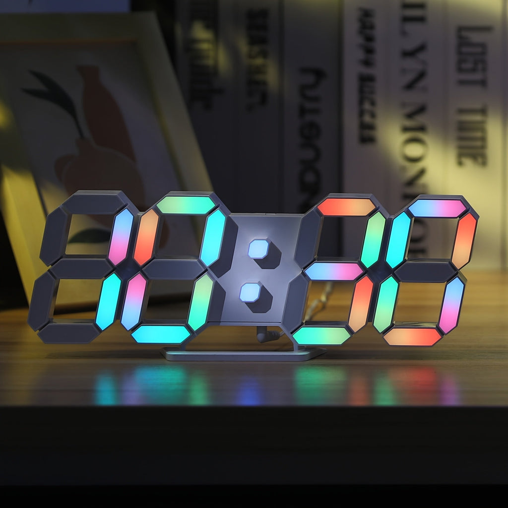 Digital Wall Clock RGB Neon LED 9.7¡± Large Display ¨C Aesthetic Alarm Clock with Remote Control, Adjustable Brightness, Date & Temperature Display for Bedroom, Living Room, Office & Gym