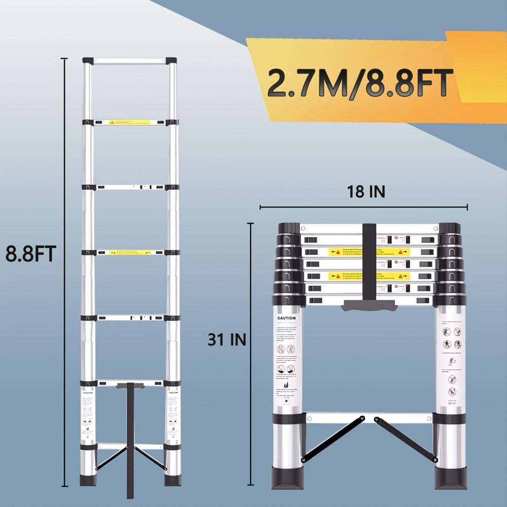 Telescoping Extension Ladder Aluminum Heavy Duty 330 LBS ¨C 6.5 / 8.5 / 10.5 / 12.5 FT Folding Telescopic Ladder, Easy Store, Multi-Purpose for Roof Repair, Painting, Gutter Cleaning & Outdoor Work