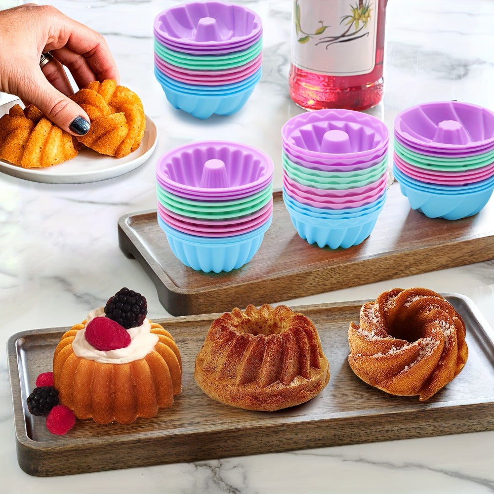 Silicone Donut Mold 48pcs, Nonstick Silicone Baking Cups with 4 Shapes (Thread, Woven, Pumpkin, Flower), Muffin Jello Bagel Pan, Oven Microwave Dishwasher Safe Silicone Baking Molds for Donuts and Cupcakes