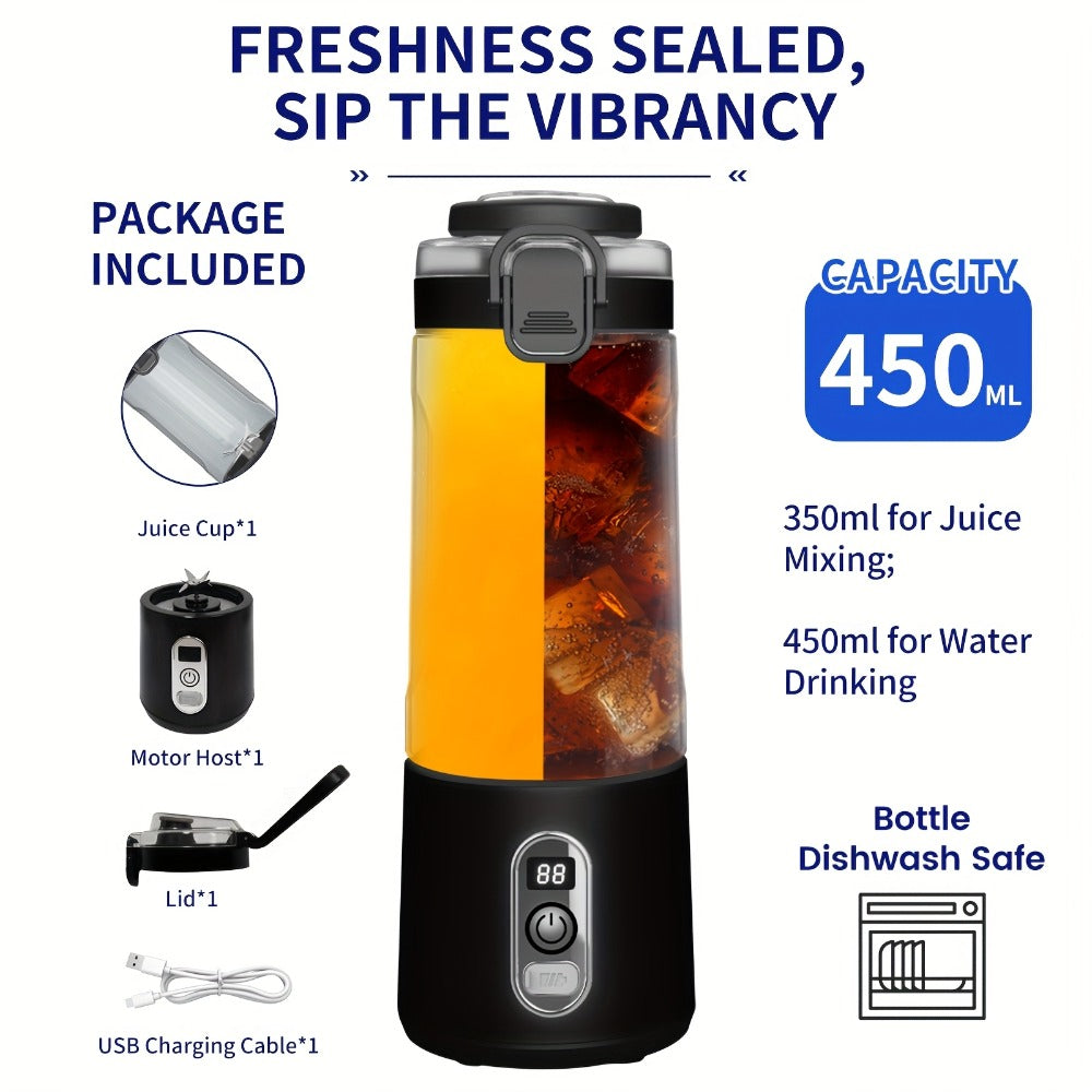 Portable Smoothie Blender USB-C Fast Charge 6-Blade Stainless Steel ¨C Digital Timer Battery Display High-Speed Ice Crush No-Spill Lid | Protein Shake Gym Travel Blender in Black Pink White