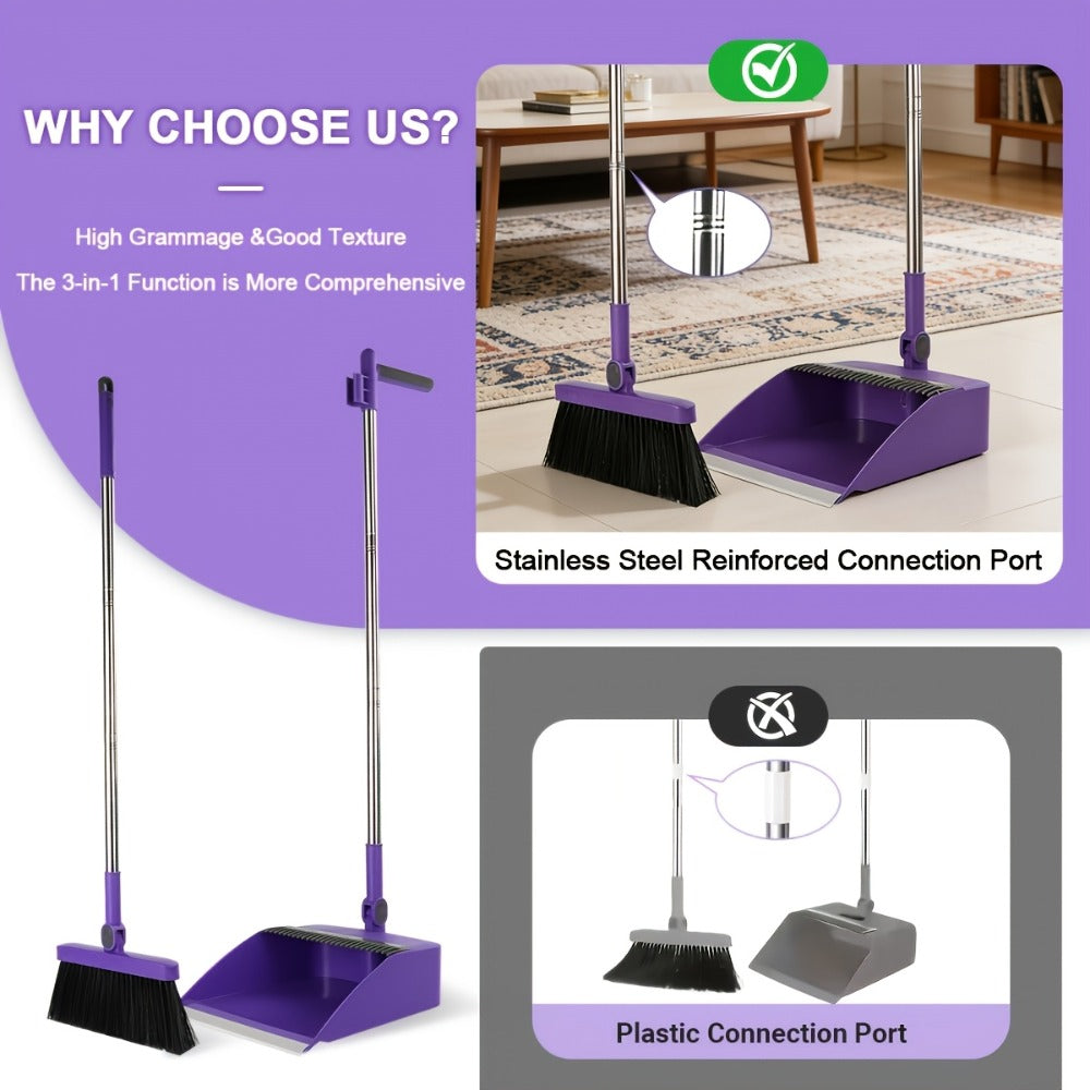 Broom and Dustpan Set with Long Handle - 2-in-1 Upright Sweeping Broom with Comb Teeth, Pet Hair Removal Floor Cleaning Tool for Home Office School Dorm Outdoor - Blue Orange White Purple Green