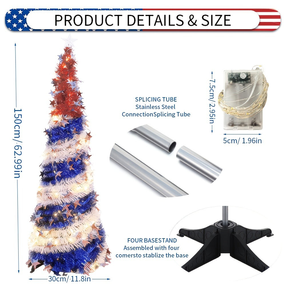 4th of July Patriotic Decoration Tree 5ft ¨C Foldable LED Light String with Red White Blue Stars & Stripes, Independence Day Party Decor, Patriotic Theme Display Tree, Summer Holiday Gift