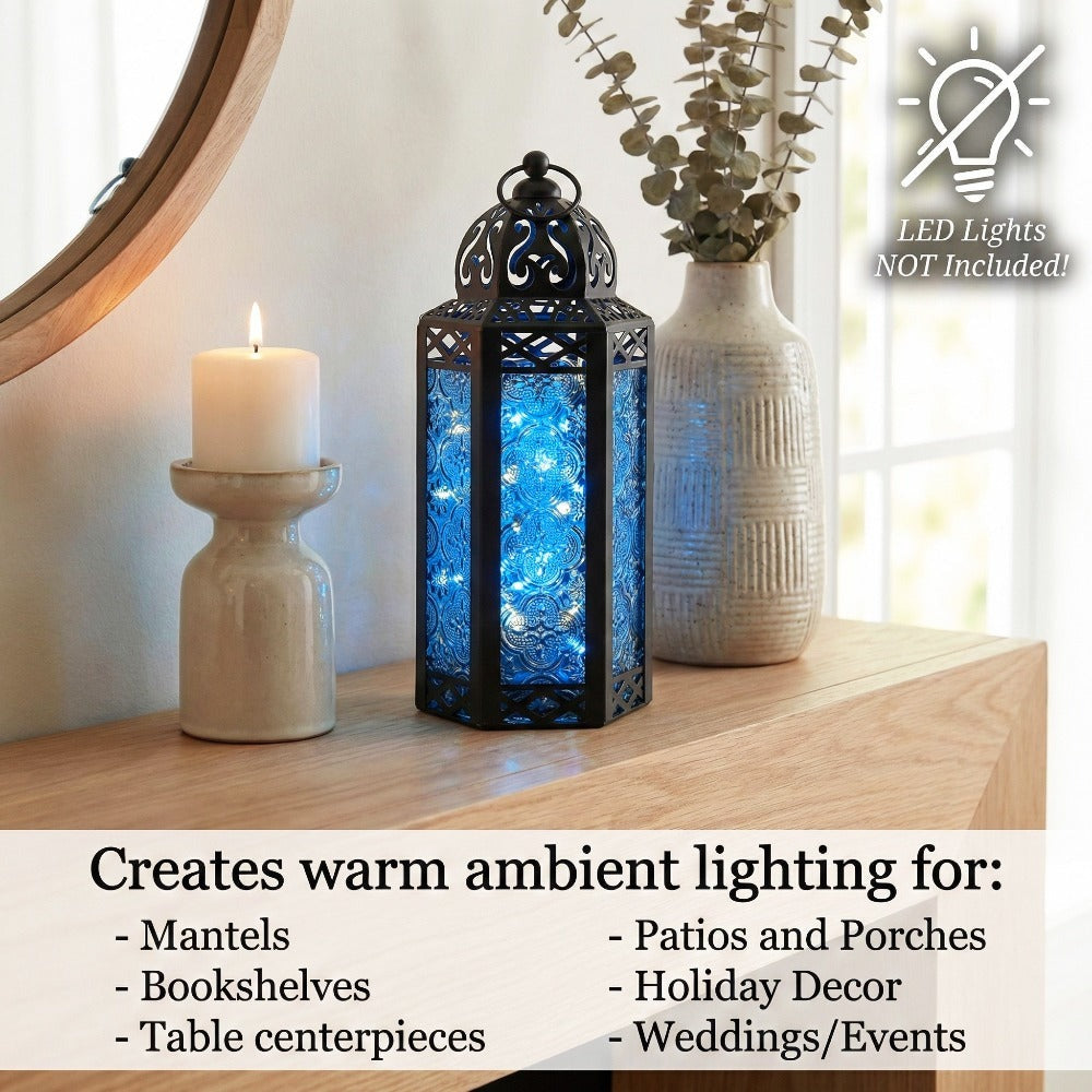 Moroccan Candle Lantern Holder - Decorative Metal & Glass Lantern with Embossed Floral Design for Indoor Home Decor, Garden, Patio, Weddings, Ramadan, Halloween & Holiday Celebrations - 10.5¡± Tall Medium Size