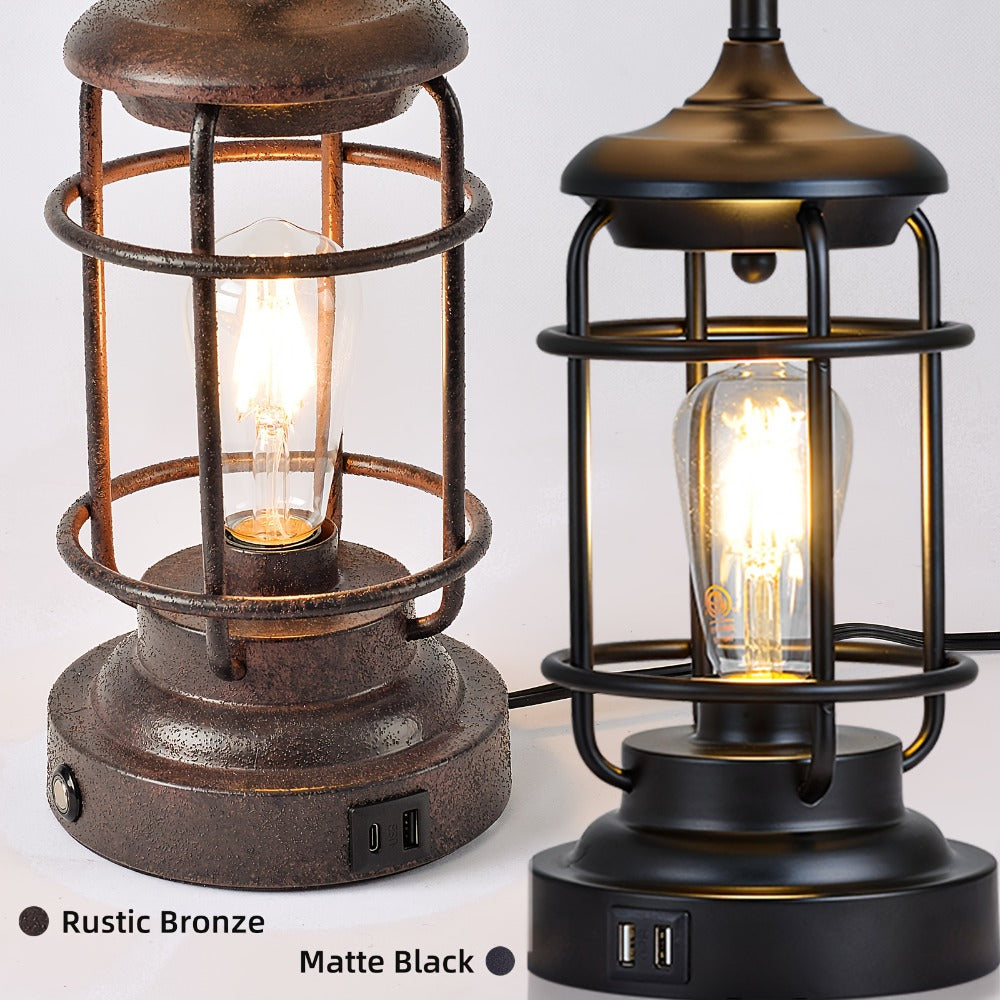 Farmhouse Table Lamps Set of 2 with 4 LED Bulbs | Touch Control 3-Way Dimmable Nightstand Lamp Dual USB Ports Natural Linen Shade Metal Black 22 Inch Bedroom Living Room