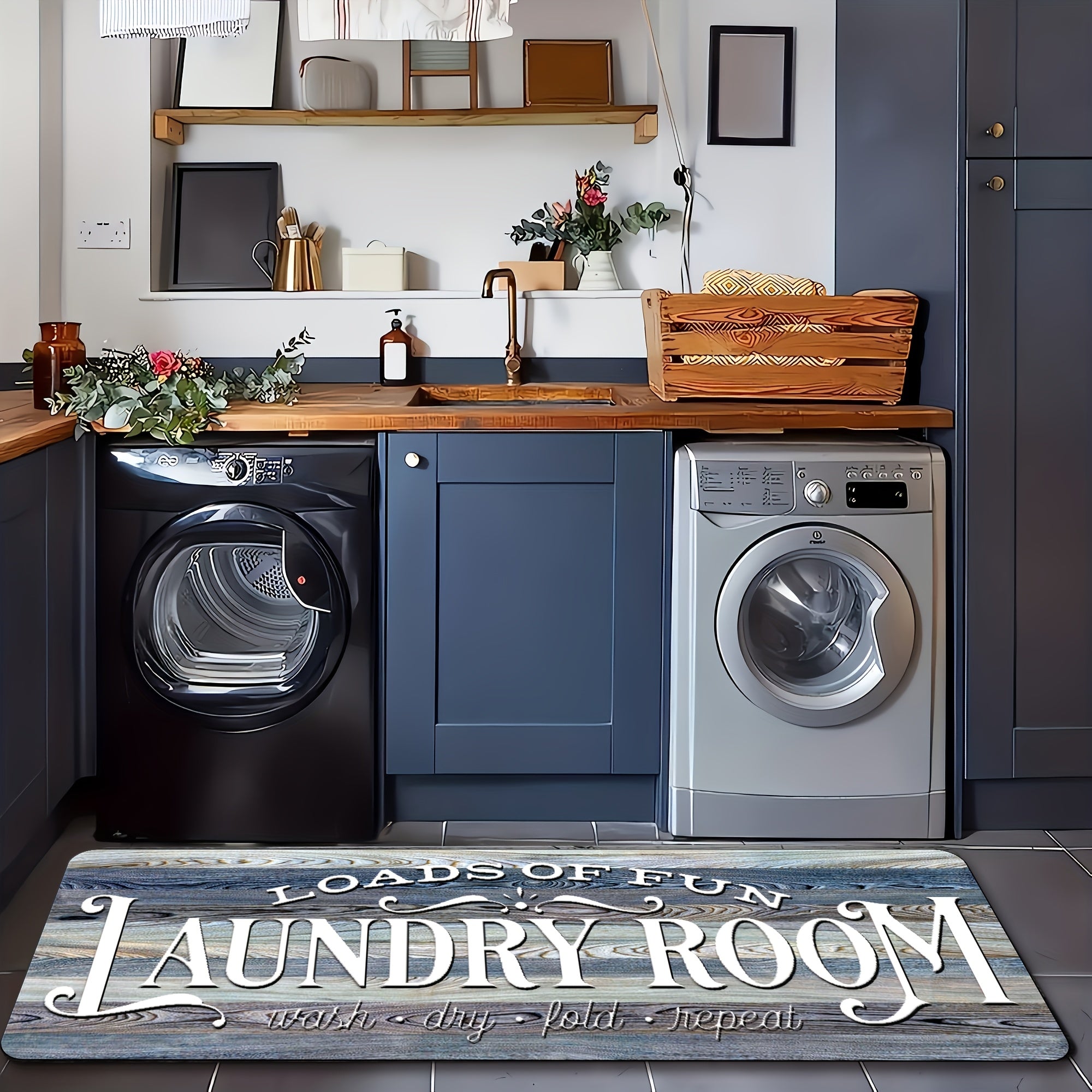 Farmhouse Laundry Room Runner Rug - Non-Slip Washable Retro Kitchen & Bathroom Mat | Anti-Slip Floor Runner for Laundry Room, Kitchen, Bathroom & Entryway | Boho Home Decor Accent Rug Multiple Sizes
