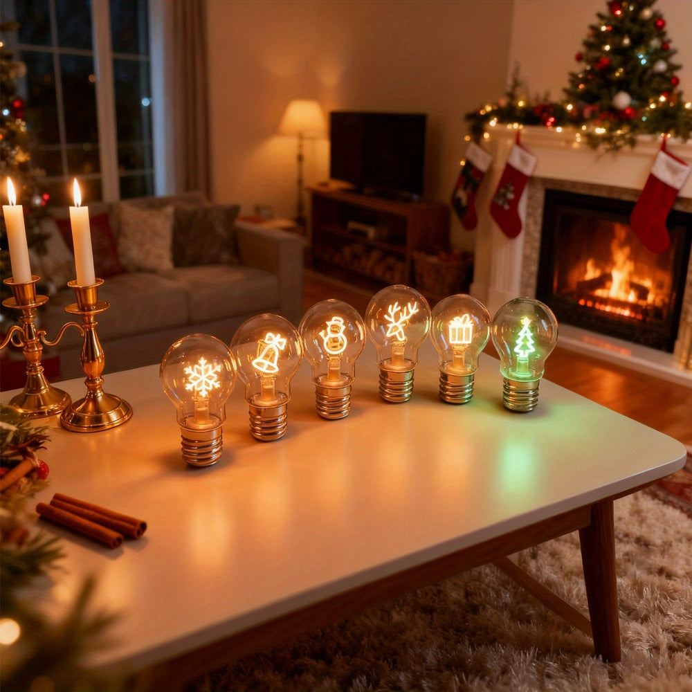 Christmas LED Decorative Bulb Type-C Rechargeable A19 Novelty Night Light ¨C Warm White Holiday Shape Bulbs for Indoor Table Window Decor, Bell Elk Snowman Snowflake Christmas Tree Gift Style