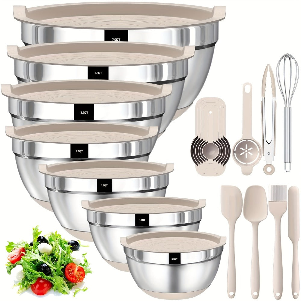 Stainless Steel Mixing Bowls with Airtight Lids 20-Piece Set ¨C Non-Slip Silicone Bottom, Nesting Bowls in 7 Sizes (0.67¨C7 QT) for Mixing, Baking & Serving ¨C Kitchen Bowl Set with Lids